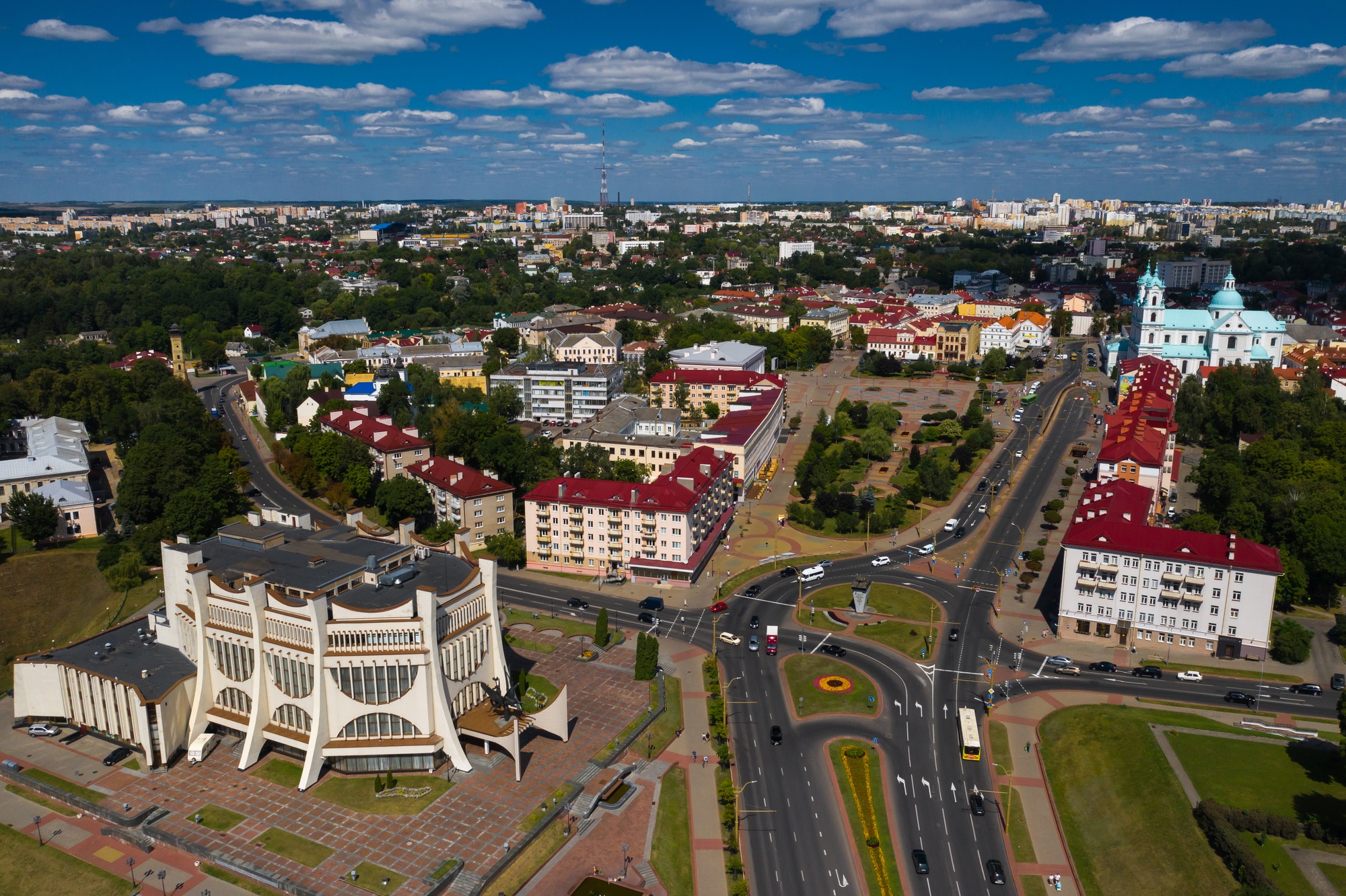 Top view of the city center of Grodno, Belarus. The historic centre with its red-tiled roof,the